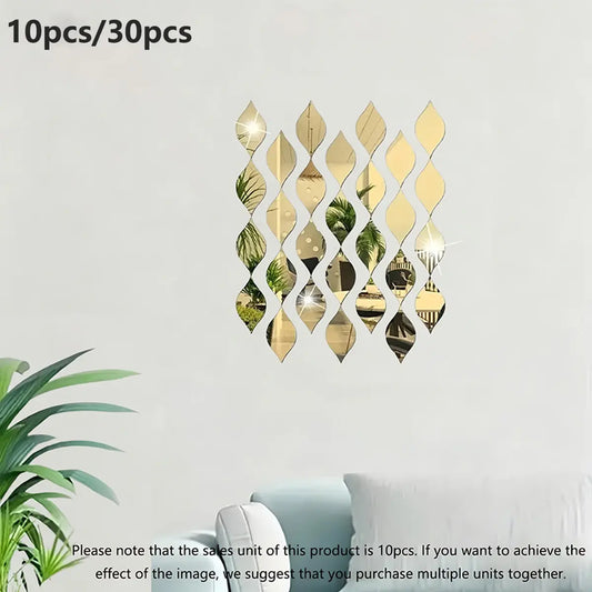 Set of 10/30 Leaf-Shaped Mirror Wall Stickers, Decorative Sticker, 15*8CM Size, 1Mm Thick Plastic Home Decor, Living Room Wall Decor, Stylish PS Mirrors for Modern Interiors