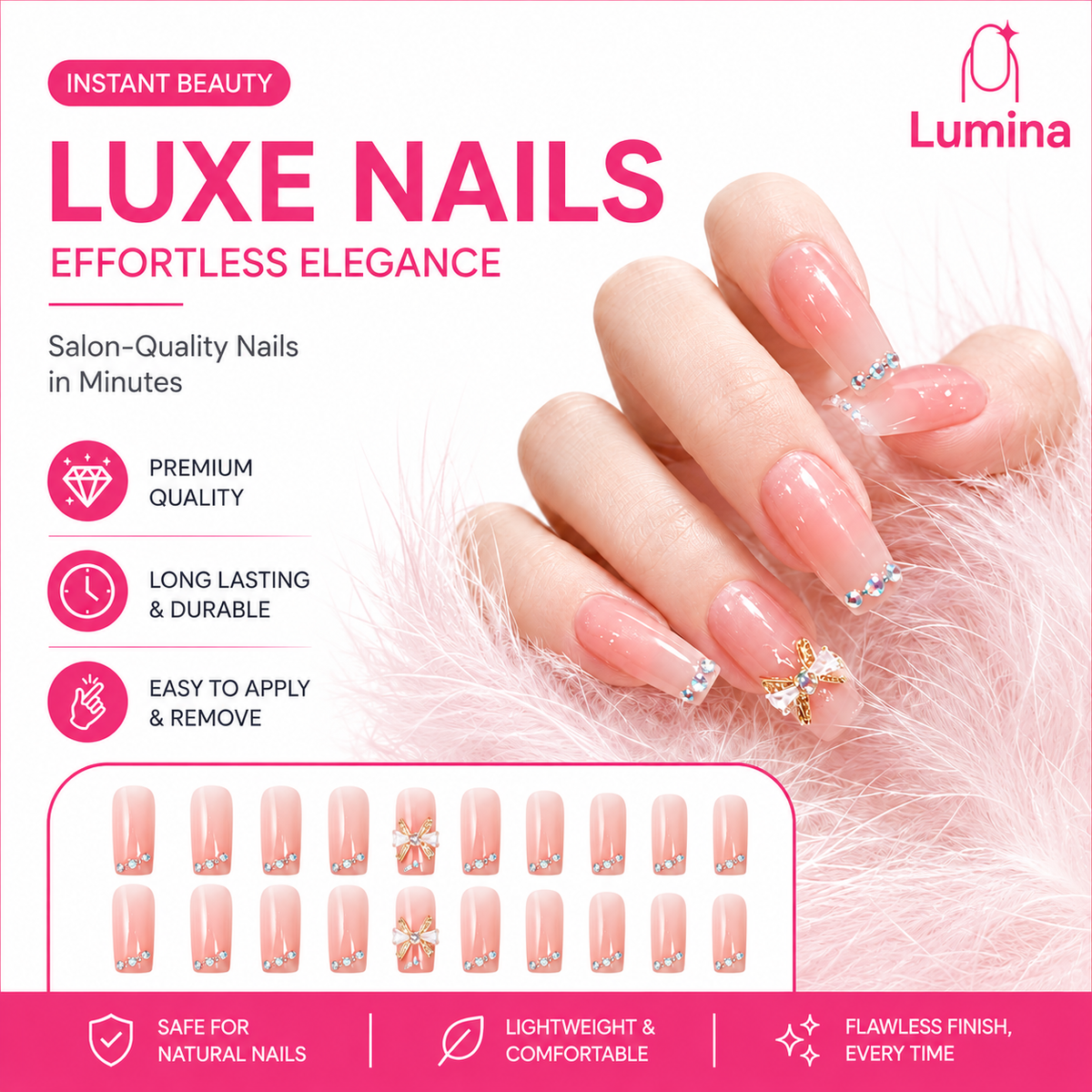 Lumina™ Luxe French Tip Press-On Nails – Elegant Rhinestone & Bow Design
