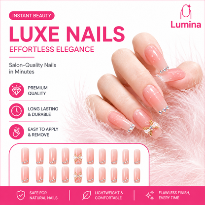 Lumina™ Luxe French Tip Press-On Nails – Elegant Rhinestone & Bow Design