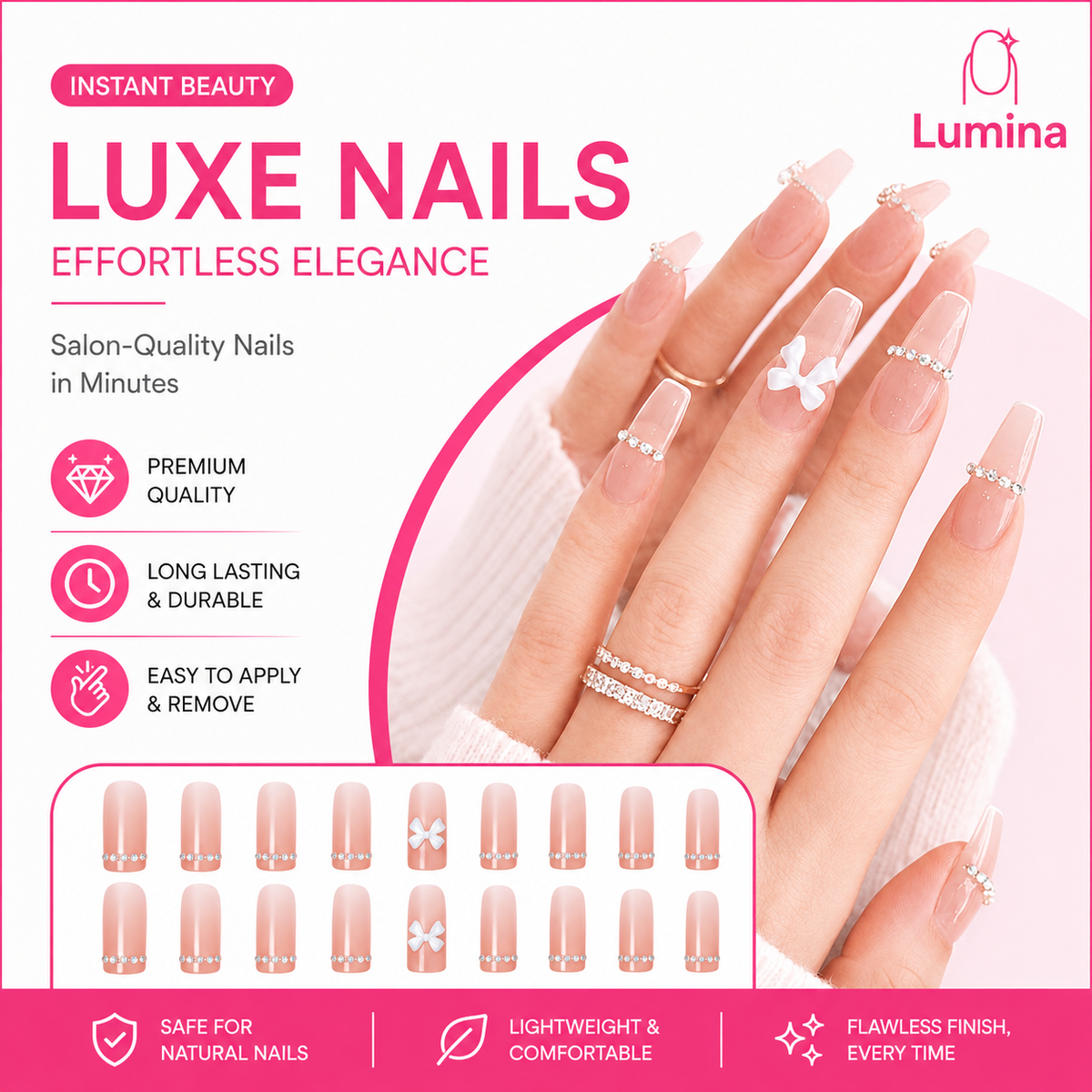 Lumina™ Luxe French Tip Press-On Nails – Elegant Rhinestone & Bow Design