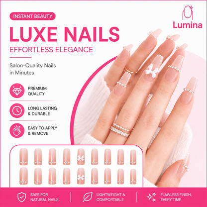 Lumina™ Luxe French Tip Press-On Nails – Elegant Rhinestone & Bow Design
