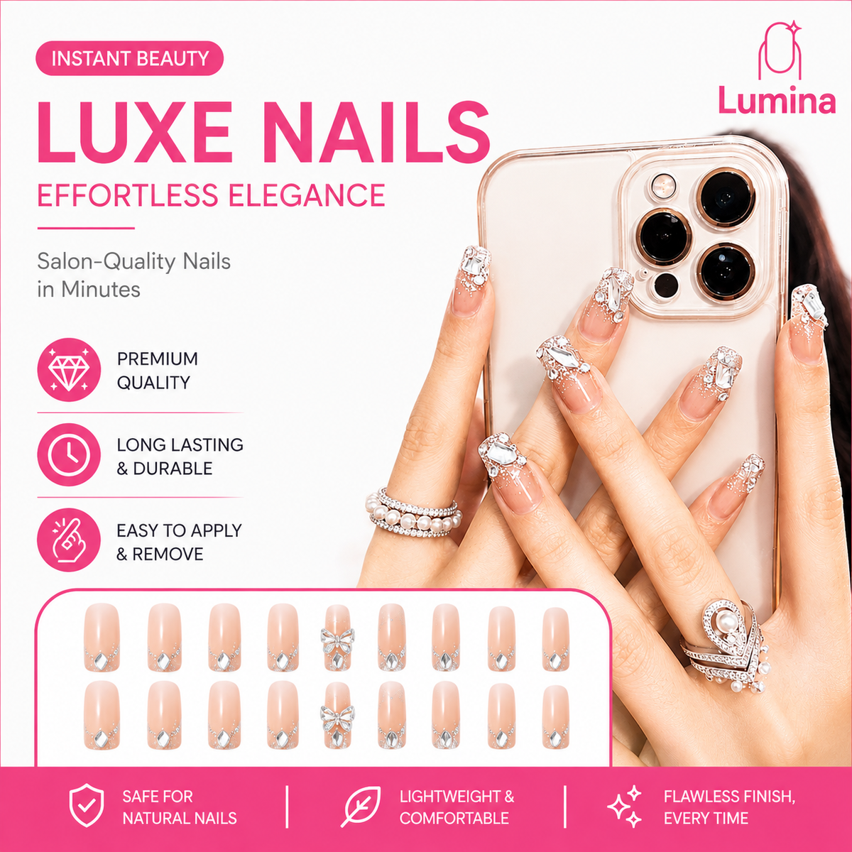Lumina™ Luxe French Tip Press-On Nails – Elegant Rhinestone & Bow Design