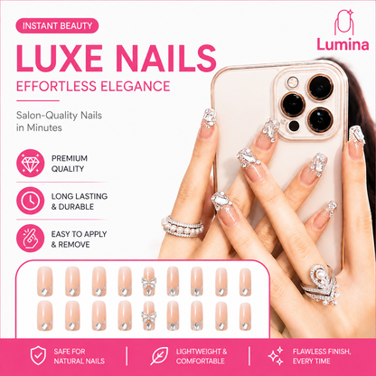 Lumina™ Luxe French Tip Press-On Nails – Elegant Rhinestone & Bow Design