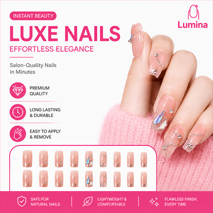 Lumina™ Luxe French Tip Press-On Nails – Elegant Rhinestone & Bow Design