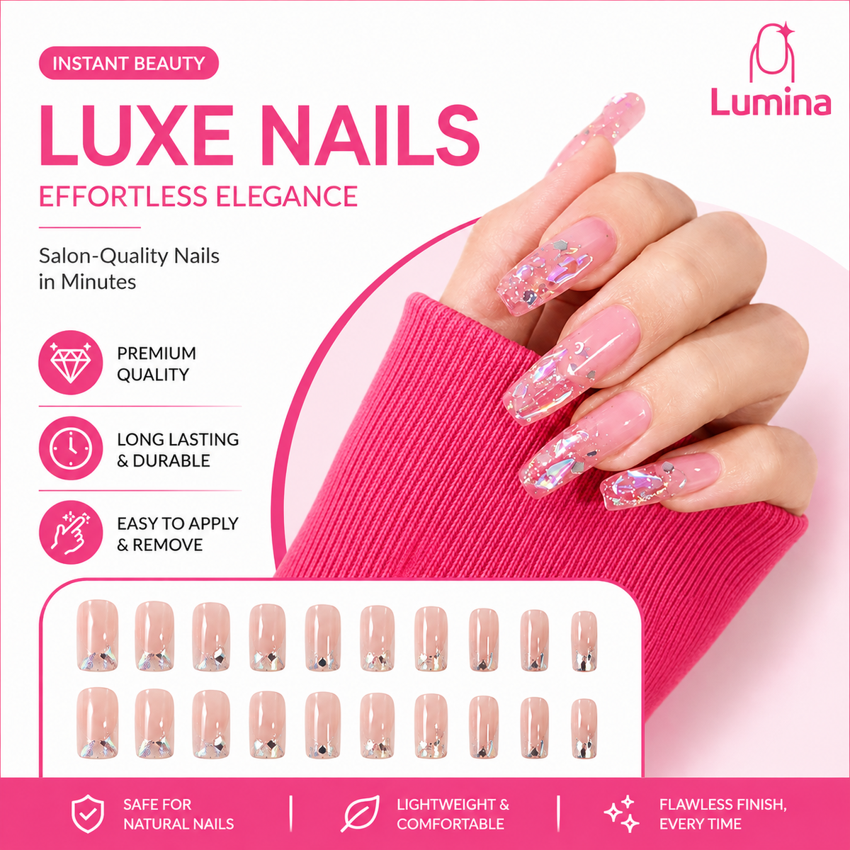 Lumina™ Luxe French Tip Press-On Nails – Elegant Rhinestone & Bow Design
