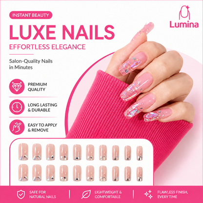 Lumina™ Luxe French Tip Press-On Nails – Elegant Rhinestone & Bow Design