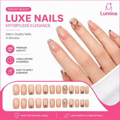 Lumina™ Luxe French Tip Press-On Nails – Elegant Rhinestone & Bow Design